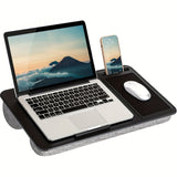 Escritorio portátil para oficina en casa, elegante en negro carbón, con repisa para dispositivos, almohadilla para mouse y soporte para teléfono, compatible con laptops de hasta 39.62 cm, organizador con cajón para almacenamiento en el hogar