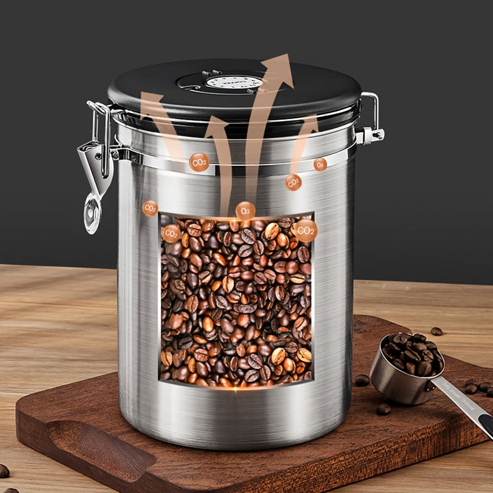 Depósito de Almacenamiento Multifuncional de 1.5L, Tanque Sellado de Acero Inoxidable para Granos de Café, Tanque de Conservación de Frescura Duradera con Cuchara