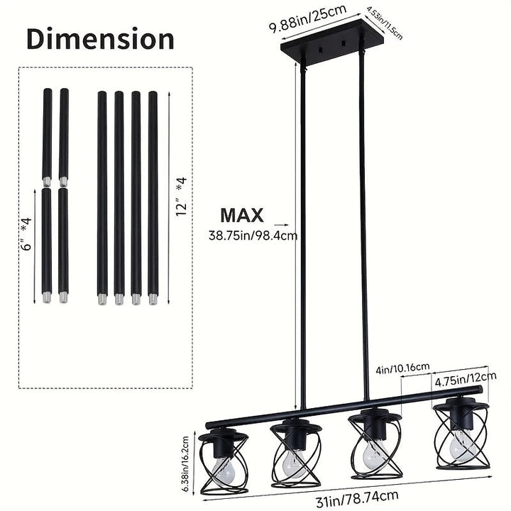 Iluminación de isla de cocina medieval moderna con poste ajustable y jaula metálica negra, adecuada para hoteles, salones, comedores y entradas de pasillos (bombillas no incluidas)