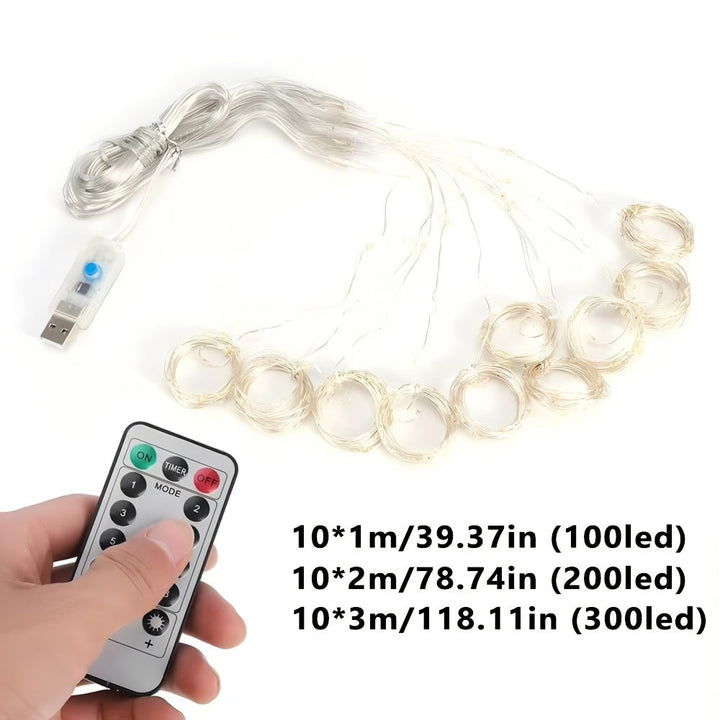 Luzes de hadas USB de 8 modos, incluyendo control remoto, luz blanca cálida y acogedora, y luz blanca pura brillante. Perfectas para celebraciones de vacaciones, bodas soñadoras, iluminación de hogar y escenario. No incluye cortinas.