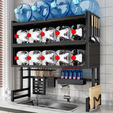 Organizador multifuncional para fregadero de cocina - Estructura de acero al carbono/metal con altura ajustable (21.21 cm-30.0 cm), ahorrador de espacio con ganchos, canastas y soporte para tabla de cortar, ideal para mesón, gabinete, utensilios y platos