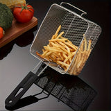 1 cesta de freír de acero inoxidable con mango de metal - Fácil de limpiar, plegable, resistente al calor, ideal para patatas fritas, alas de pollo | Herramienta de cocina comercial y doméstica, estructura de malla | Herramienta de cocina duradera, herra