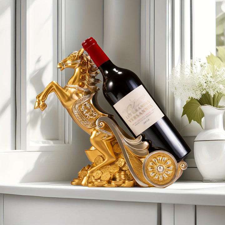 Elegante soporte de vino de caballo dorado - Decoración lujosa de resina para sala de estar, estante de TV o armario de vino | Ideal para decoración del hogar y regalos de inauguración, decoración de vino