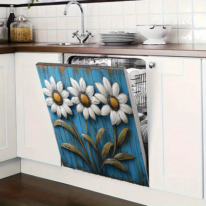 1pc Adhesivo Rústico de Margarita para Lavavajillas - Diseño de Campo de Margaritas en 3D, Pegatina Autoadhesiva de PVC para Armarios de Cocina, Puertas de Despensa y Horno - Decoración Hogareña Amigable para Inquilinos con Flores Blancas y Naranjas sobr