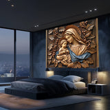 Una talla de madera en 3D de la Virgen María y el Niño Jesús, adecuada para dormitorios, salas de estar y áreas al aire libre.