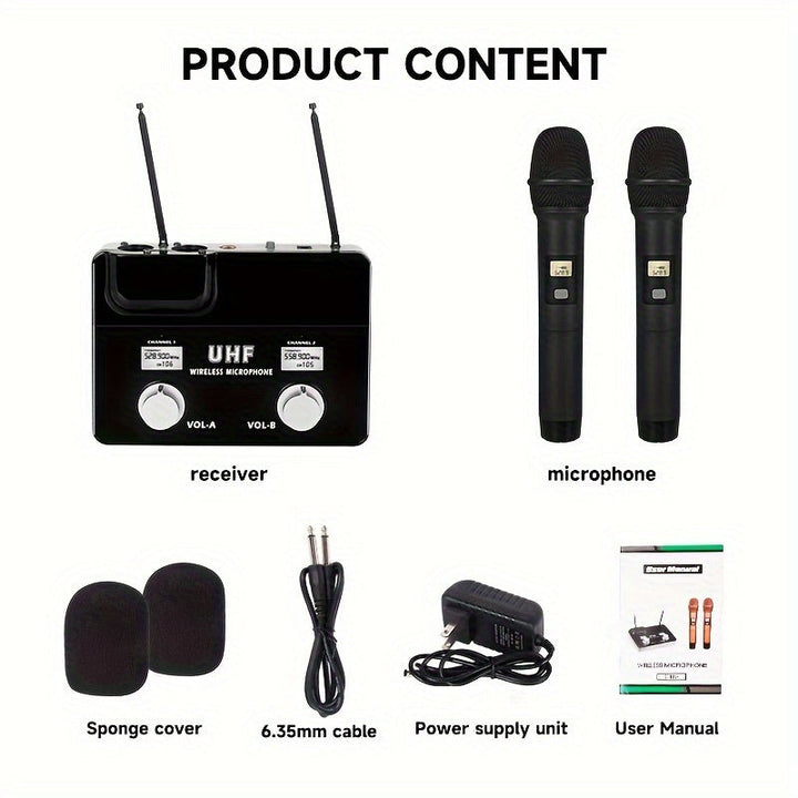 1pc AmaceX KU-63 Sistema de micrófono inalámbrico profesional UHF, sistema de karaoke portátil de 2 canales con captación omnidireccional, conector de 3,5 mm, fuente de alimentación de 110-130V, enchufe de EE. UU., no requiere batería