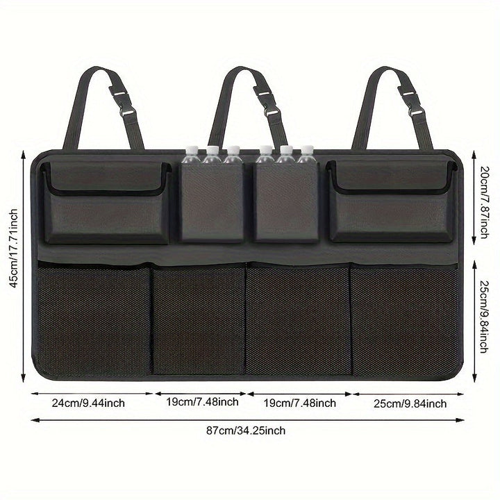 1 Organizador de Maletero y Asiento de Coche Duradero en Poliéster - Bolsa Plegable con 8 Bolsillos y Correas Ajustables, Ideal para Herramientas, Botellas y Accesorios, Perfecto para Almacenamiento en el Vehículo