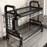 Organizador de cocina de 3 niveles en metal negro, soporte para platos, tazones y cubiertos con porta cubiertos extraíble, construcción resistente en hierro, ideal para uso en hogar y restaurante, escurridor de platos