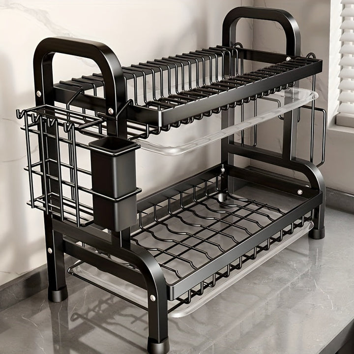 Organizador de cocina de 3 niveles en metal negro, soporte para platos, tazones y cubiertos con porta cubiertos extraíble, construcción resistente en hierro, ideal para uso en hogar y restaurante, escurridor de platos