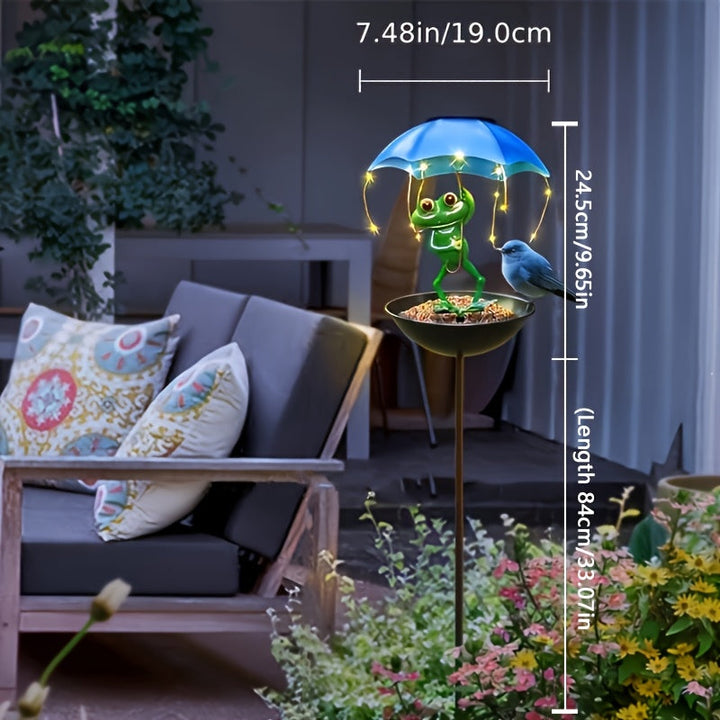 Estatua de rana solar CYCG con luz de calle y comedero de pájaros - Decoración de jardín al aire libre con luces de cuerda LED, construcción de hierro resistente al tiempo, brillo ajustable para patio, césped, terraza - Batería de níquel duradera, sin co