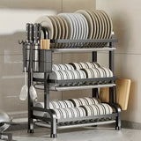 Escurridor de Acero Inoxidable de 3 Niveles | Ahorrador de Espacio Extra Grande para Cocina Familiar, con Bandeja Antiderrames y Divisor de Cubiertos - Organizador de Fregadero (5 en 1) que Sostiene Bloque de Cuchillos/Porta Palillos/Tacón de Cortar