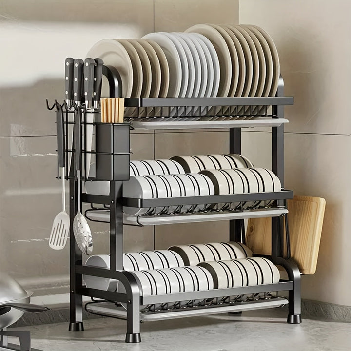 Escurridor de Acero Inoxidable de 3 Niveles | Ahorrador de Espacio Extra Grande para Cocina Familiar, con Bandeja Antiderrames y Divisor de Cubiertos - Organizador de Fregadero (5 en 1) que Sostiene Bloque de Cuchillos/Porta Palillos/Tacón de Cortar