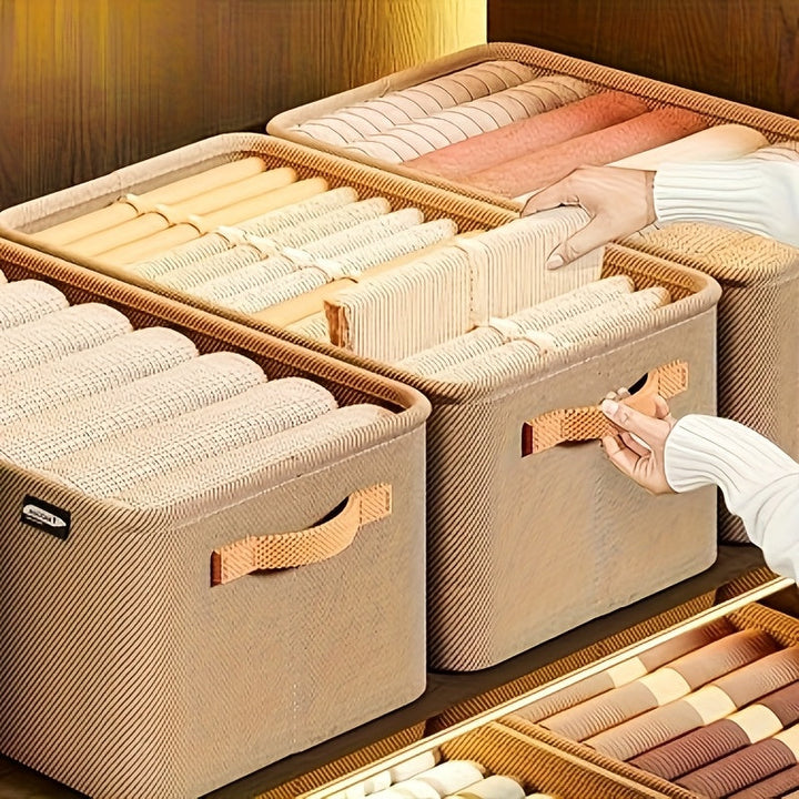 4 piezas de cesta de almacenamiento de tela Boho con asas, organizador multi-funcional apilable para ropa y juguetes, marco grueso duradero, diseño que ahorra espacio para el hogar, dormitorio, armario, estantes.