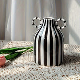 1pc Jarrón de cerámica con rayas, estilo creativo y sencillo, con dos asas, forma cilíndrica redonda, decoración para el hogar y la cocina, no requiere energía, no incluye batería