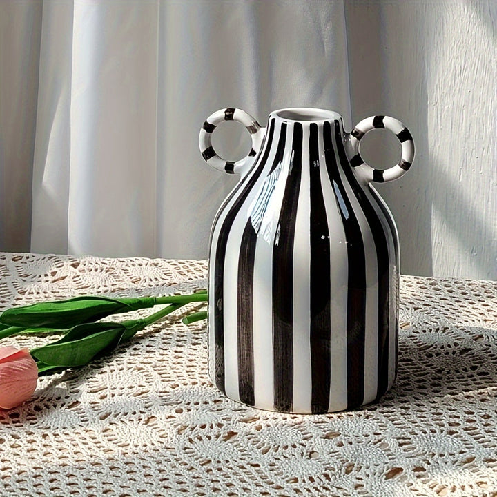 1pc Jarrón de cerámica con rayas, estilo creativo y sencillo, con dos asas, forma cilíndrica redonda, decoración para el hogar y la cocina, no requiere energía, no incluye batería