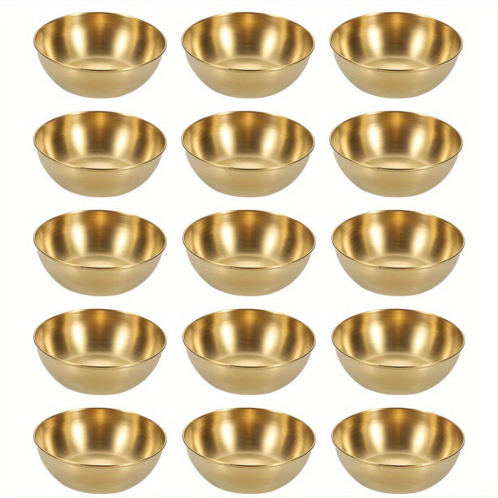 3/5/15 piezas de plato de salsa dorada de lujo, mini tazón de salsa individual de acero inoxidable premium y palillos, plato de condimentos redondo adecuado para sushi/tortilla mexicana/papas fritas, plato de aperitivo, accesorios para bandejas de delica