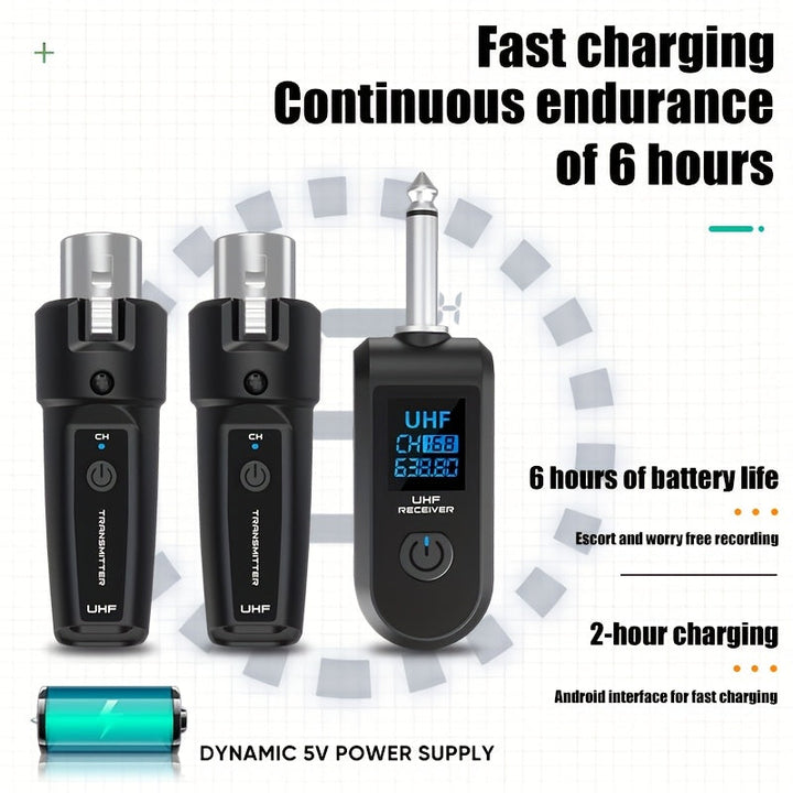 Sistema de Micrófono Inalámbrico con Adaptador UHF XLR - Recargable por USB, Compatible con Micrófonos Dinámicos, Guitarras y Sistemas de PA