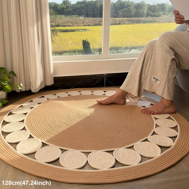 1 pieza de alfombra redonda de lino lavable a mano estilo bohemio - Plegable, antideslizante, alfombra artística para sala de estar de granja, dormitorio, baño, uso interior/exterior, fibra de poliéster, lavable a máquina, alfombra interior/exterior | Al