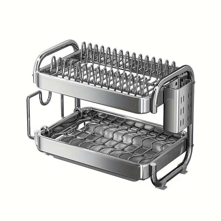 1 juego de escurridor de platos de acero inoxidable 201 grande, con 2 o 3 niveles, soporte para tazas, organizador de utensilios y repisa para escurrir, color plateado, para mesón de cocina