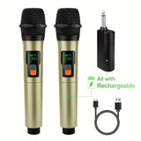 Sistema de micrófonos inalámbricos Heikuding 2 en 1 con batería recargable, tecnología inalámbrica 2.4GHz, carga USB-C, conector de 6.35mm, 2 canales, diseño 1T2 para presentaciones en vivo y grabación, micrófono inalámbrico para presentaciones en vivo,
