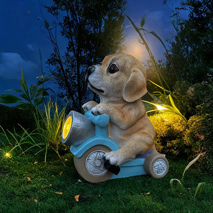 1pc XXOASIS Figura de resina de motocicleta de cachorro con energía solar, decoración de jardín con tema animal con control de interruptor, batería de níquel, ideal para patio, césped, balcón, alféizar de ventana, regalo único de vacaciones