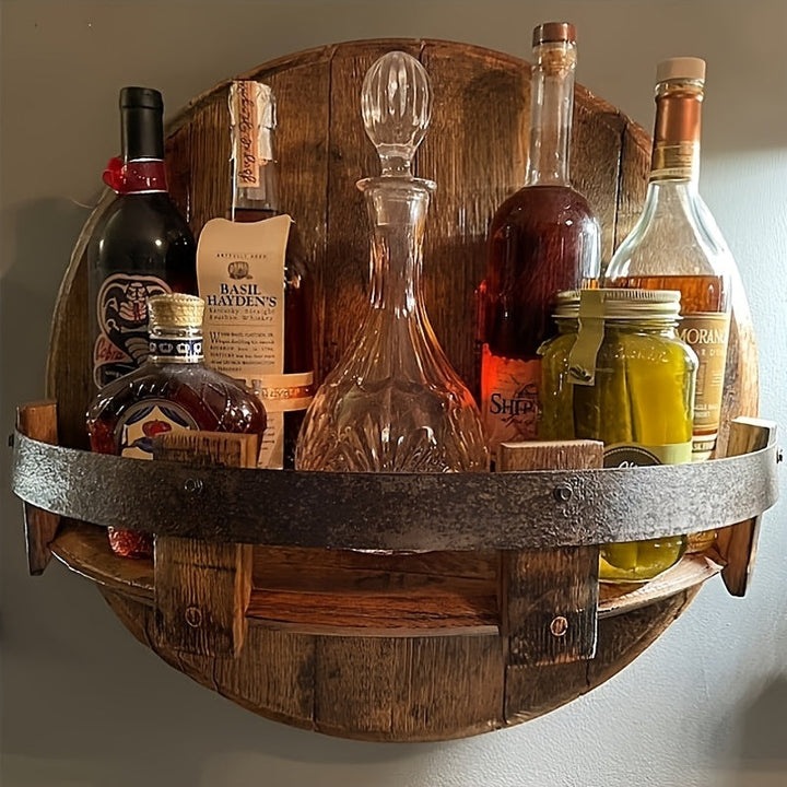 1pc Estante de Bar Clásico con Forma de Barril para Montar en la Pared - Almacenamiento Rústico de Madera Reciclada Multicompartimento para Botellas de Vino y Cristalería, Organizador de Bar Ahorrador de Espacio, Decoración de Estilo Granja para Sala de