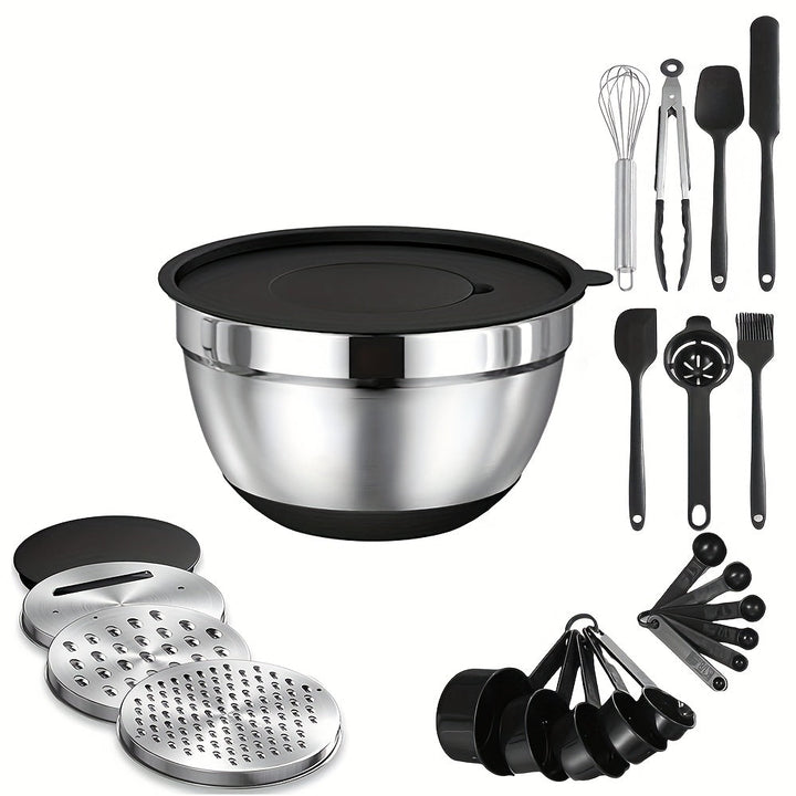 Juego de 22/32 tazones de acero inoxidable con tapa y rallador, anidables, antióxido, aptos para hornear, preparar, cocinar, mezclar ensaladas, servir alimentos, lavavajillas seguro, varios tamaños, ideal para Navidad, perfecto para Acción de Gracias