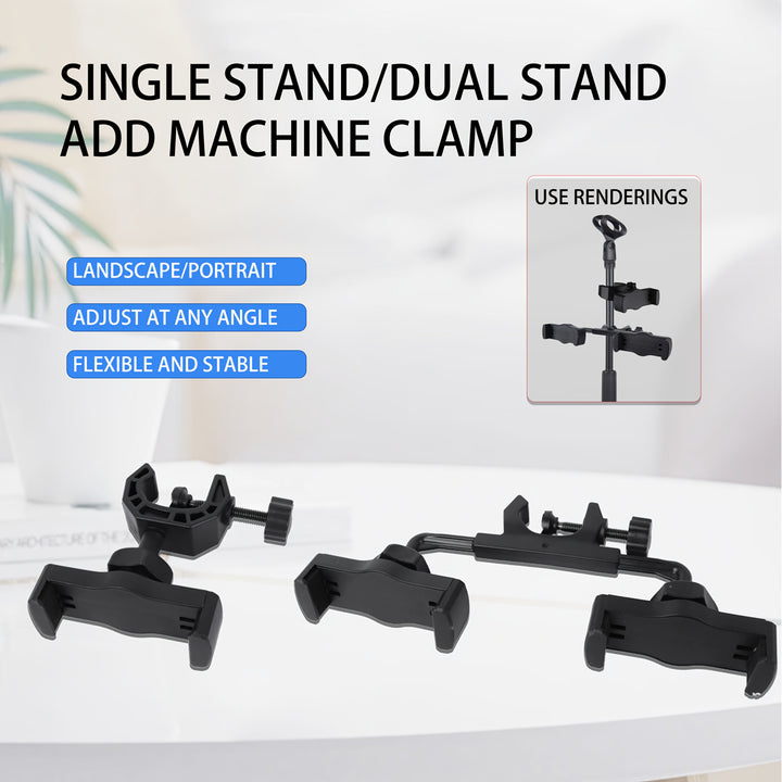 Sujeción de teléfono dual ajustable - Dispositivo de selfie flexible y estable para modo paisaje/retrato, soporte de teléfono móvil de plástico negro con múltiples clips, configuración de selfie | Soporte ajustable | Plástico duradero