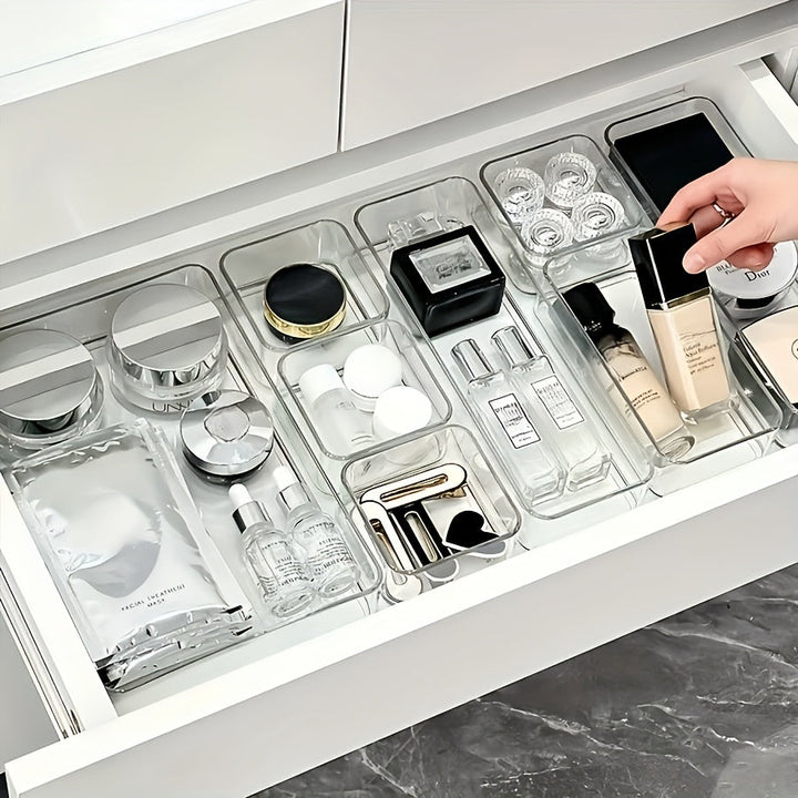 7/8 piezas de caja de almacenamiento de cosméticos de acrílico transparente, organizador de particiones integradas en cajón, caja de almacenamiento de papelería de oficina para encimera, organizador de escritorio y cajón para almacenamiento en casa.