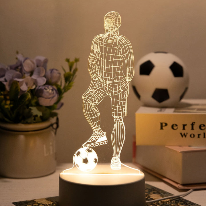 [Lámpara LED 3D con Fútbol] Lámpara de Mesa LED Acrílica con Jugador de Fútbol 3D Alimentada por USB - Lámpara de Pie con Temática Deportiva para Sala de Estar, Decoración de Mesita de Noche - No Requiere Batería