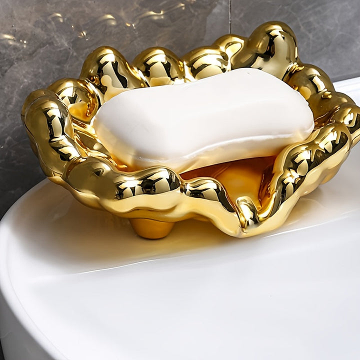1pc Elegante Jabonera con Acabado Dorado en Forma de Nube - Lujosa, Sin Taladro, Plástico ABS Electroplateado, Diseño Oval Minimalista para Baños Elegantes