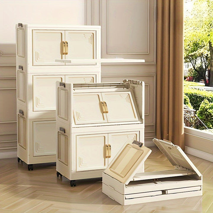 Organizador de almacenamiento plegable multifuncional de 3/4/5/6 capas con ruedas, diseño de puerta doble magnética – Ideal para ropa, juguetes, libros y más – Perfecto para sala de estar, dormitorio o oficina – Acceso universal a ruedas de 360°