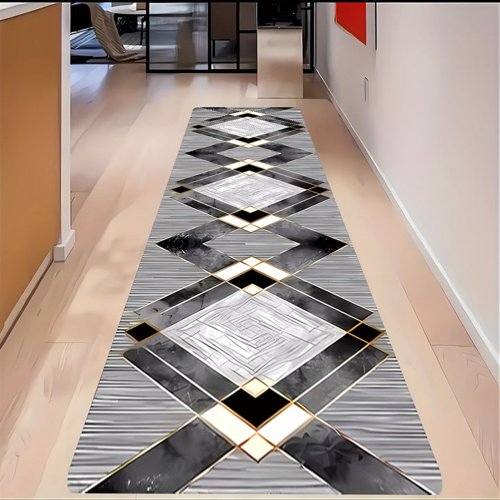 Alfombra de Pasillo Largo con Patrón Geométrico Moderno, Lavable a Máquina, Antideslizante, 100% Poliéster, y Blanco con Detalles Dorados, Ideal para Pasillos y Entradas
