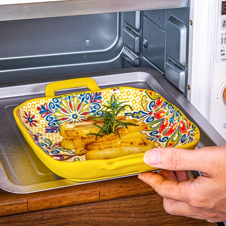 1 Juego de 4 Piezas de Platos Cuadrados Bohemios con Doble Asa. Platos Creativos de Cerámica, Versátiles para Frutas/Pastas. Diseño de 9 Pulgadas Seguro para Horno/Microondas. Asas Antideslizantes para Transporte Fácil, Elevando tu Ritual de Comida.