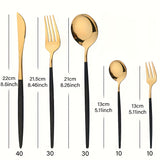 Juego de cubiertos de acero inoxidable, 30 piezas, dorado y dorado con mango negro, pulido espejo, resistente, apto para lavavajillas, incluye tenedores, cuchillos y cucharas