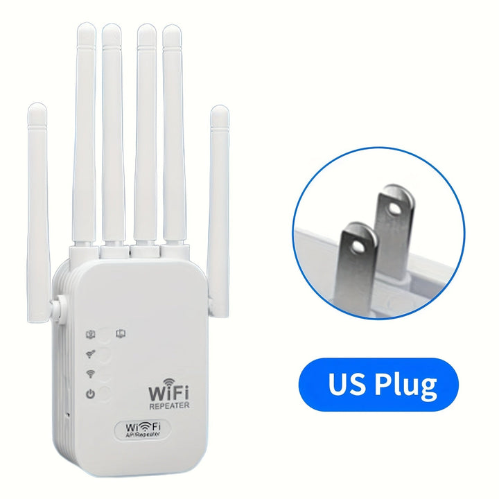 Amplificador de WiFi, Refuerzo de Señal WiFi, Extensor sin varillas WiFi, 300Mbps Doble Banda 2.4GHz, Cobertura Fuerte para 58 Dispositivos con 4 Modos y Configuración 1-TAP, 360° Cobertura Completa con 6 Antenas, Compatible con Puerto Ethernet Ideal par