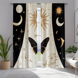 2 cortinas decorativas góticas con motivos de fases lunares, sol, estrellas y flores en negro y dorado