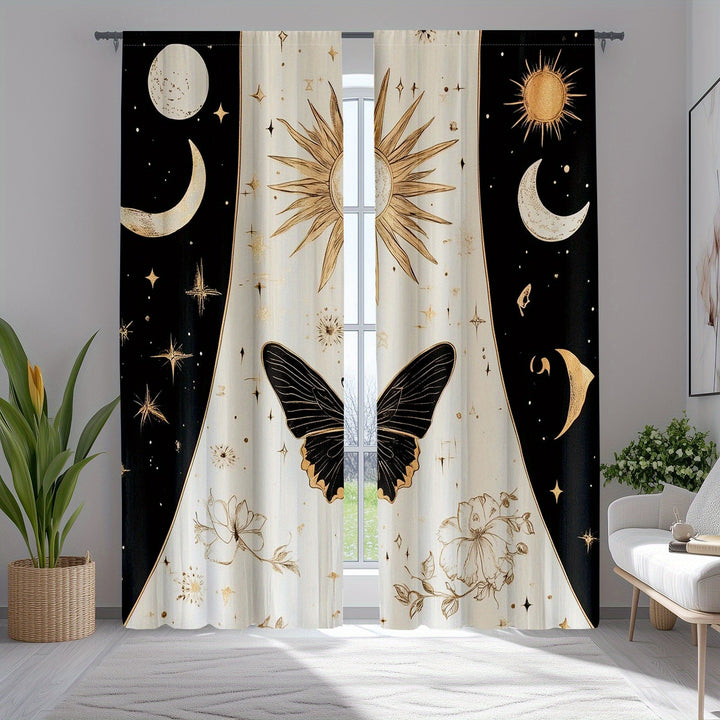 2 cortinas decorativas góticas con motivos de fases lunares, sol, estrellas y flores en negro y dorado