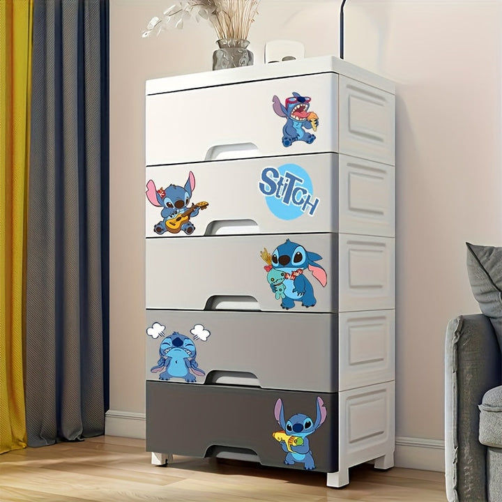 Armario de plástico apilable de 4/5/6/7 capas Stitch, 50cm de ancho, diseño rectangular moderno con ruedas, incluye calcomanías Stitch, ideal para salón, baño, balcón, almacén - Organizador multiusos, almacenamiento de armario, diseño juguetón, almacenam