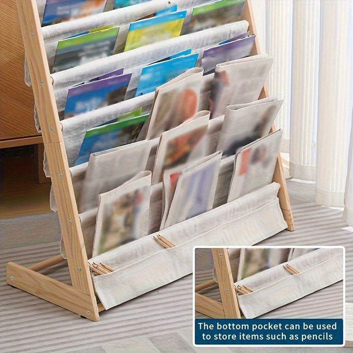 1pc Estante de Madera Clásico Multinivel con Almacenamiento en Tela - Organizador Versátil para Libros, Revistas y Archivos | Ideal para Estudio, Dormitorio o Oficina | Sin Necesidad de Energía