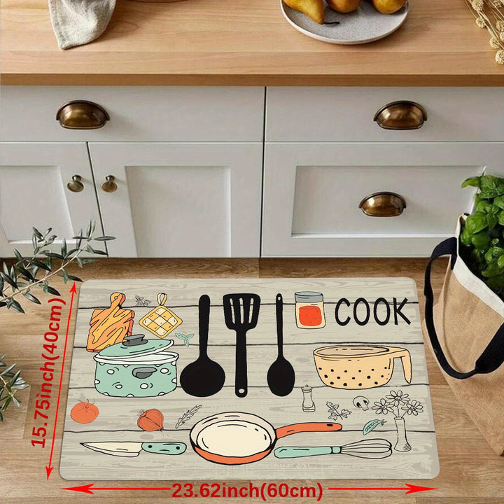 Alfombra de cocina moderna con diseño de cubiertos y letras, en poliéster, 1 unidad