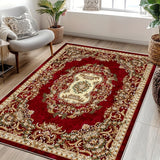 1 Alfombra de Terciopelo VelvetSoft Ultra Suave - Diseño Elegante con Flores Rojas y Geometría Dorada, Antideslizante, Lavable a Máquina, Ligera y Duradera en Poliéster para Sala, Dormitorio, Oficina, Entrada o Camping | Accesorio Hogareño Elegante | Bas