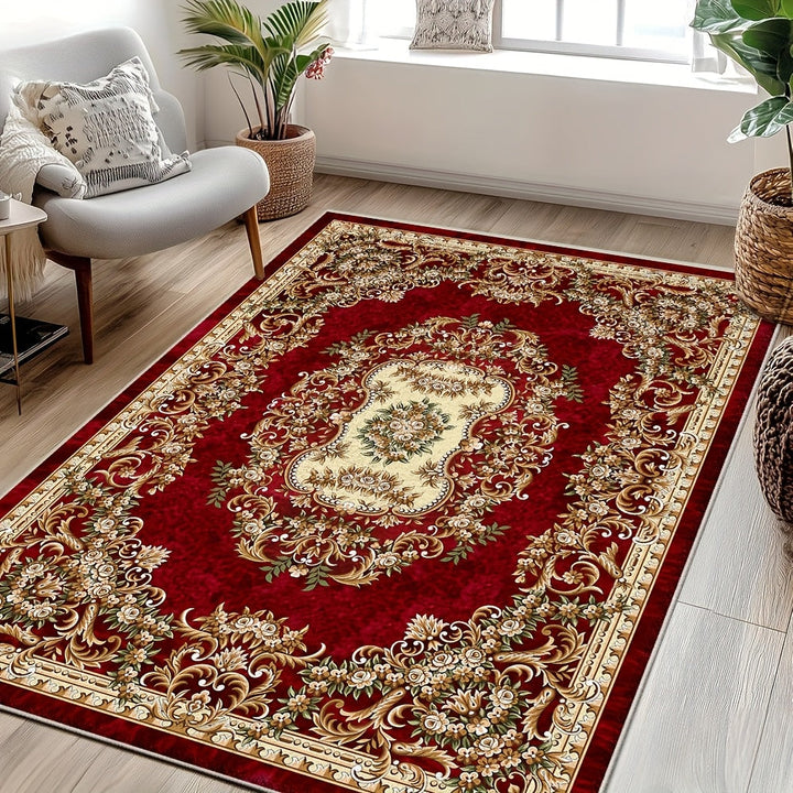 1 Alfombra de Terciopelo VelvetSoft Ultra Suave - Diseño Elegante con Flores Rojas y Geometría Dorada, Antideslizante, Lavable a Máquina, Ligera y Duradera en Poliéster para Sala, Dormitorio, Oficina, Entrada o Camping | Accesorio Hogareño Elegante | Bas