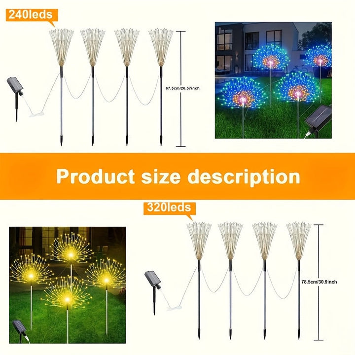 4 piezas de luces solares para jardín, luces de fuegos artificiales, exteriores, impermeables, 8 modos de iluminación, luces solares de estaca de fuegos artificiales, luces de estrella, 320/240 LED, luces de paisaje DIY, adecuadas para camping en RV, píc
