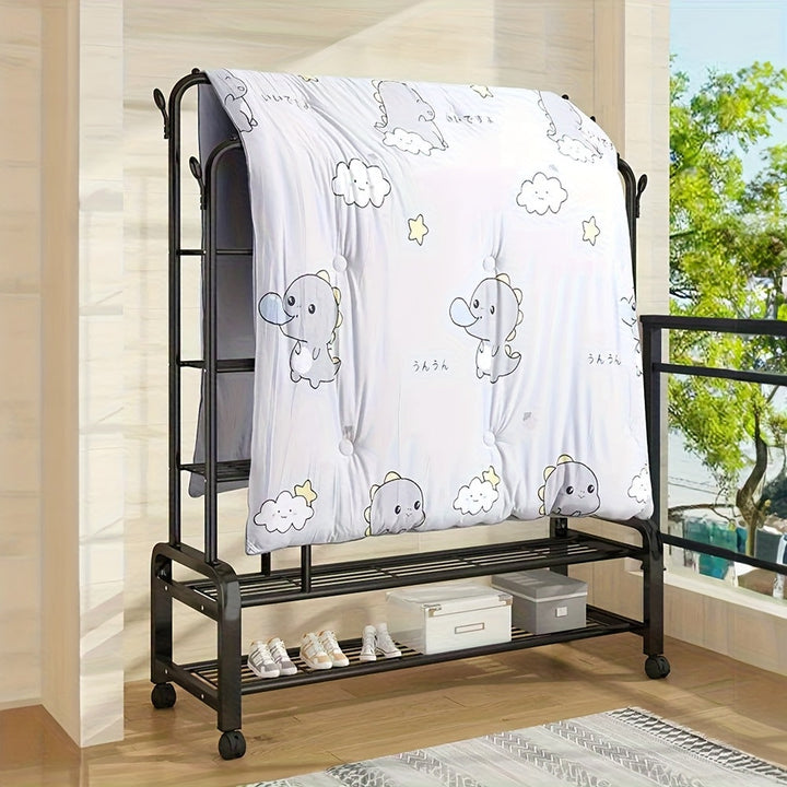 Perchero Metálico Rodante, Colgador de Doble Barra con 4 Ganchos Laterales y Estante Inferior de 2 Niveles, Ideal para Dormitorio u Oficina en Casa, Organizador de Armario Abierto con Ruedas, Secado de Ropa,