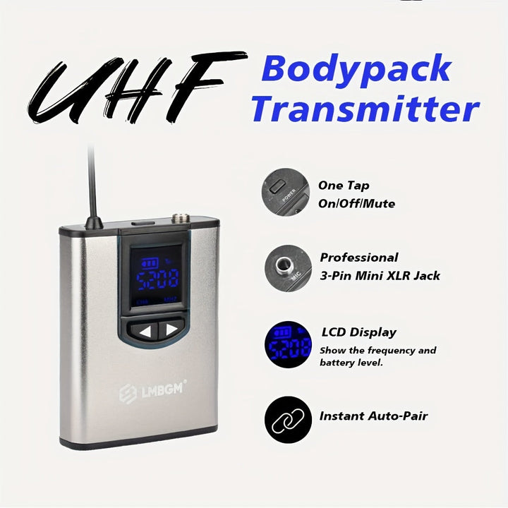 1pc Sistema de micrófono inalámbrico UHF, kit de micrófono de solapa y bodypack recargable con control de volumen, omnidireccional, carga USB, conector de 6,35 mm para karaoke, transmisión, canto - Ideal para aulas, conferencias, transmisiones en vivo, p