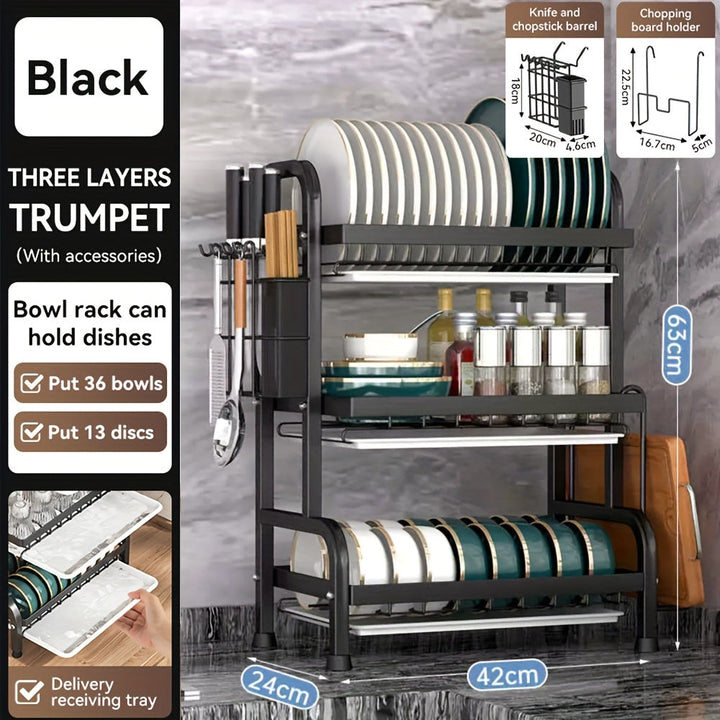Escurridor de Acero Inoxidable de 3 Niveles | Ahorrador de Espacio Extra Grande para Cocina Familiar, con Bandeja Antiderrames y Divisor de Cubiertos - Organizador de Fregadero (5 en 1) que Sostiene Bloque de Cuchillos/Porta Palillos/Tacón de Cortar