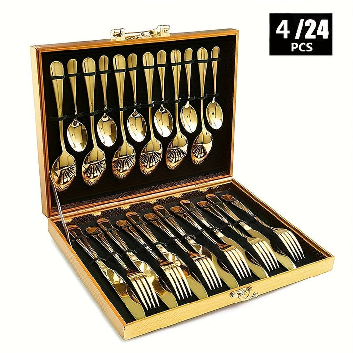 Juego de cubiertos de acero inoxidable de 4/24 piezas con caja de madera, de alta calidad, pulido al espejo, apto para lavavajillas, adecuado para restaurantes, cocinas y camping.