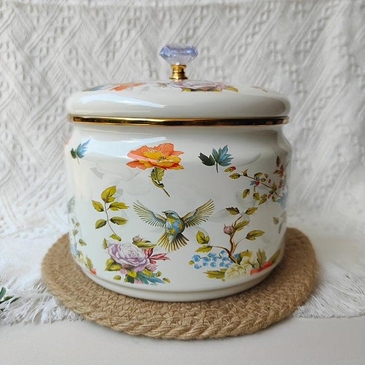 1pc Recipiente de Almacenamiento Metálico con Diseño Floral y Tapa de Vidrio - Organizador Hermético para Cocina Seguro para Alimentos, Especias, Productos Secos - Contenedor Decorativo para Despensa