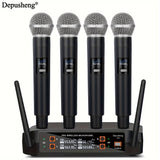 Sistema de micrófono inalámbrico DEPUSHENG, kit de micrófono portátil de 4 canales, con recepción de doble canal, control de volumen, patrón polar unidireccional, conector de 6,35 mm, enchufe estadounidense, fuente de alimentación 110-130V, para escenari